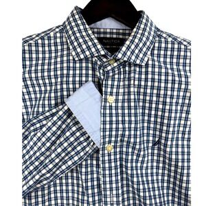 Nautica Classic Fit Plaid Dress Shirt Men Size 17 32/33 Blue White‎ Green